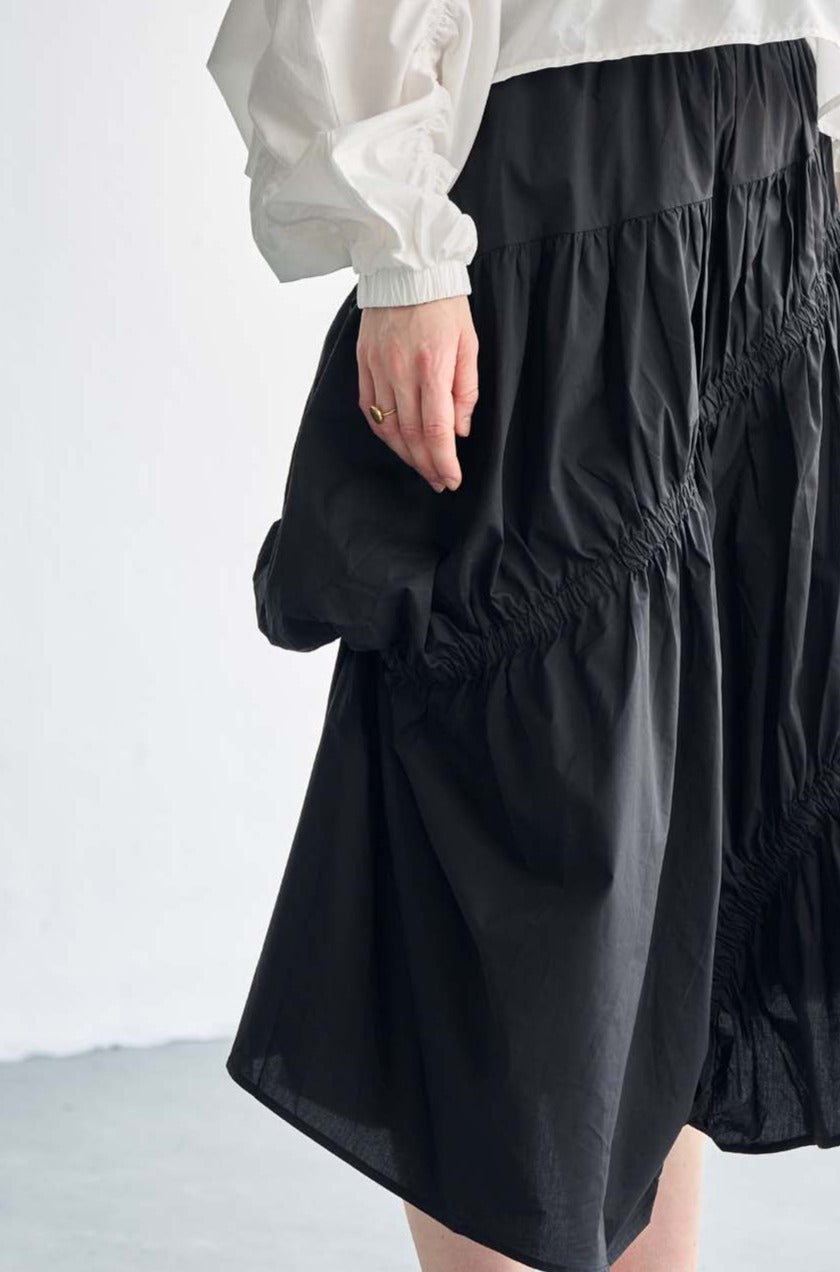 Korean Cotton Satin Black Ruched midi skirt