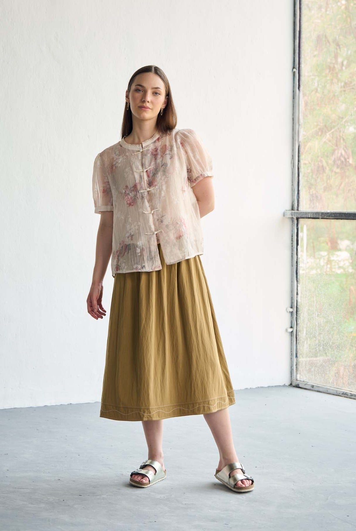 Beige Floral  Silk Jacquard Organza Top