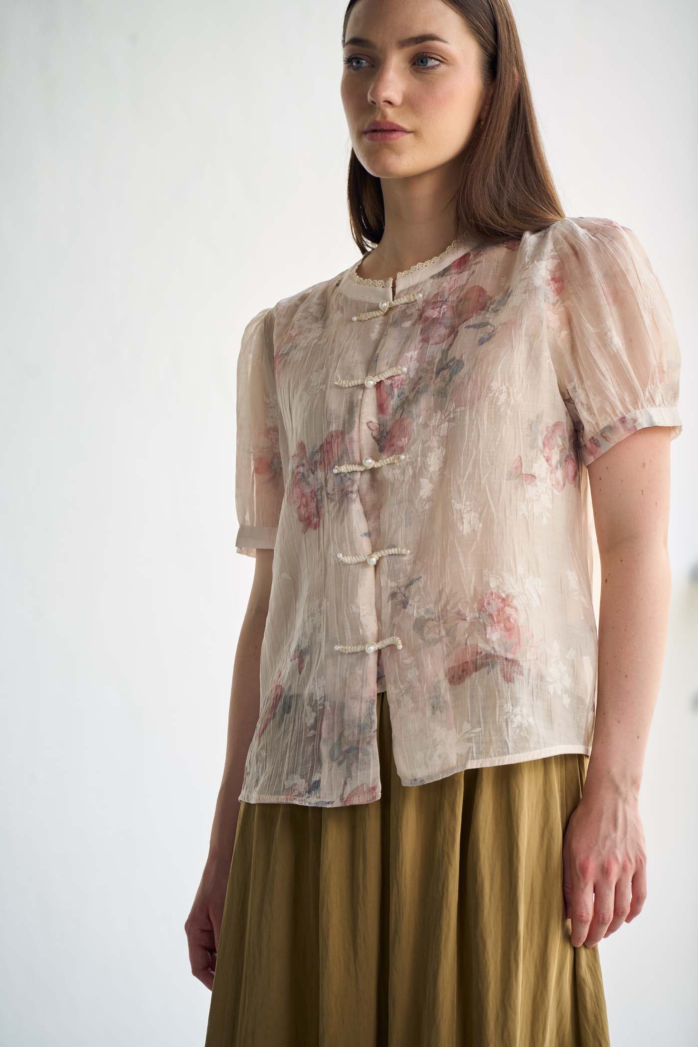 Beige Floral  Silk Jacquard Organza Top