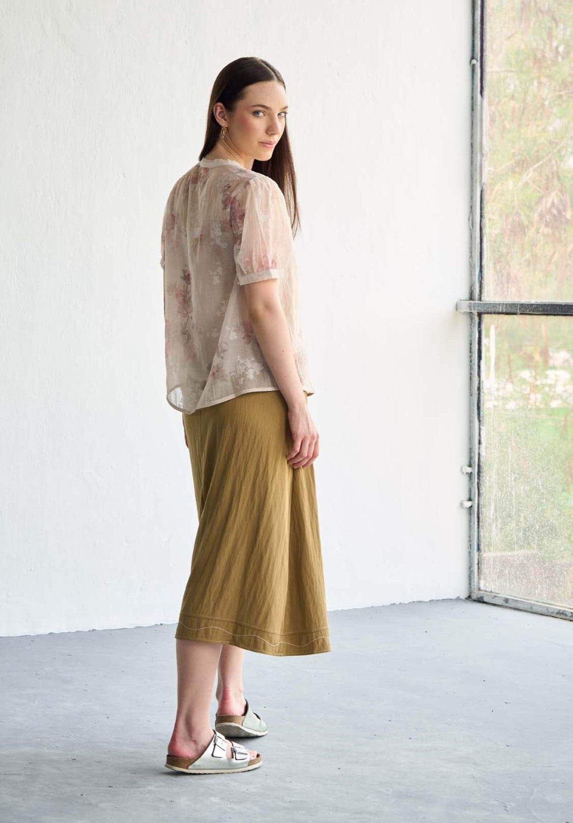 Beige Floral  Silk Jacquard Organza Top