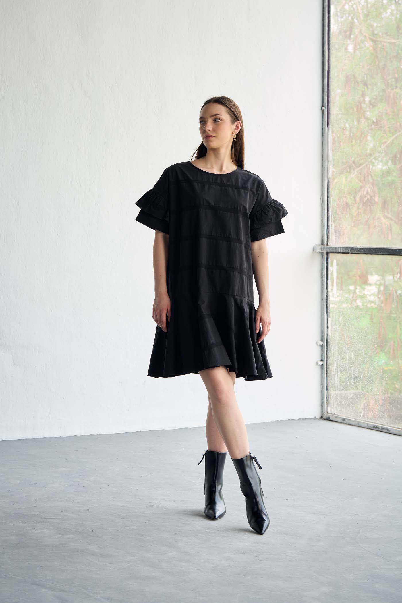 Black Round-Neck Tiered Dress