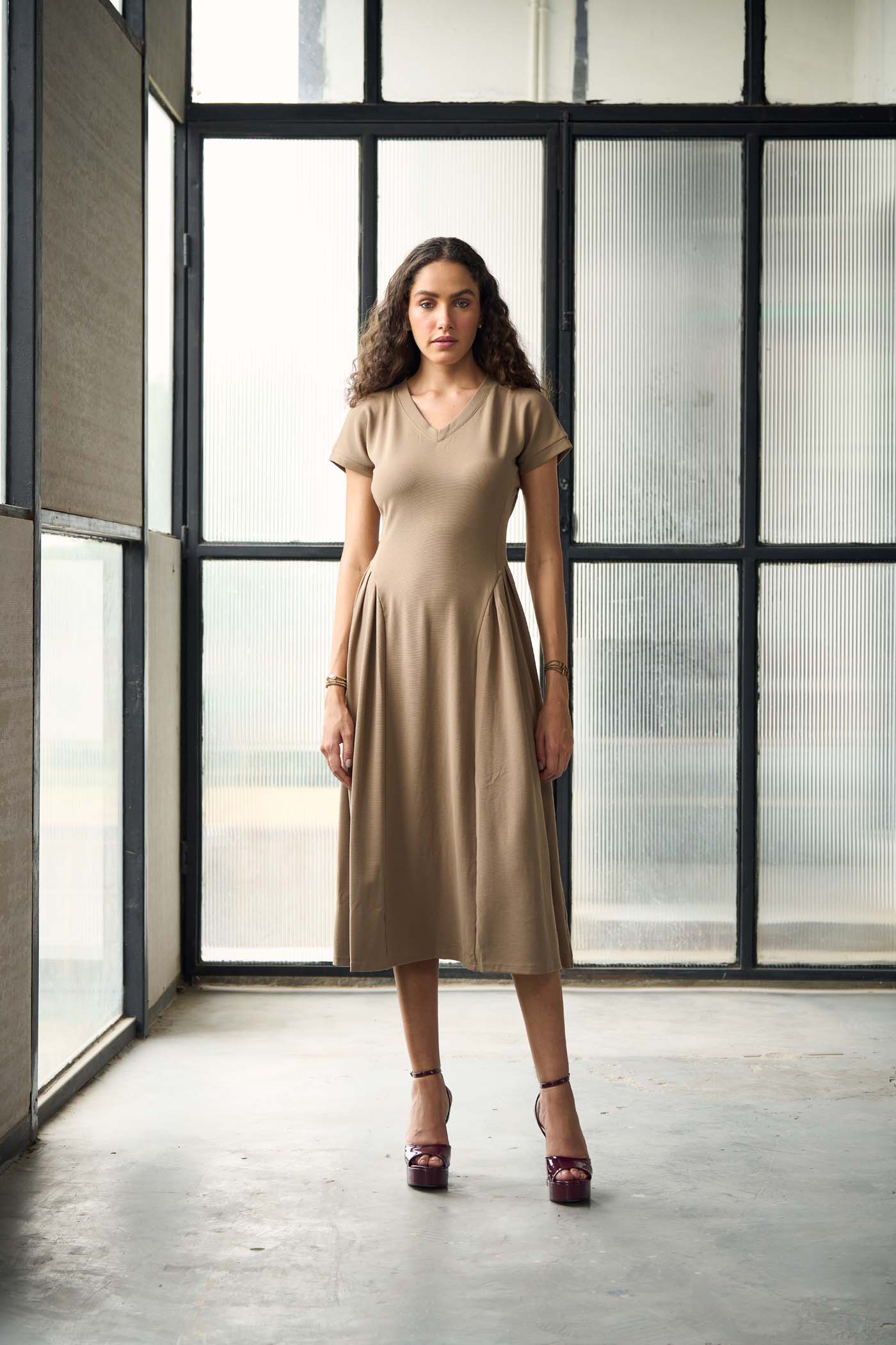 A line beige midi dress