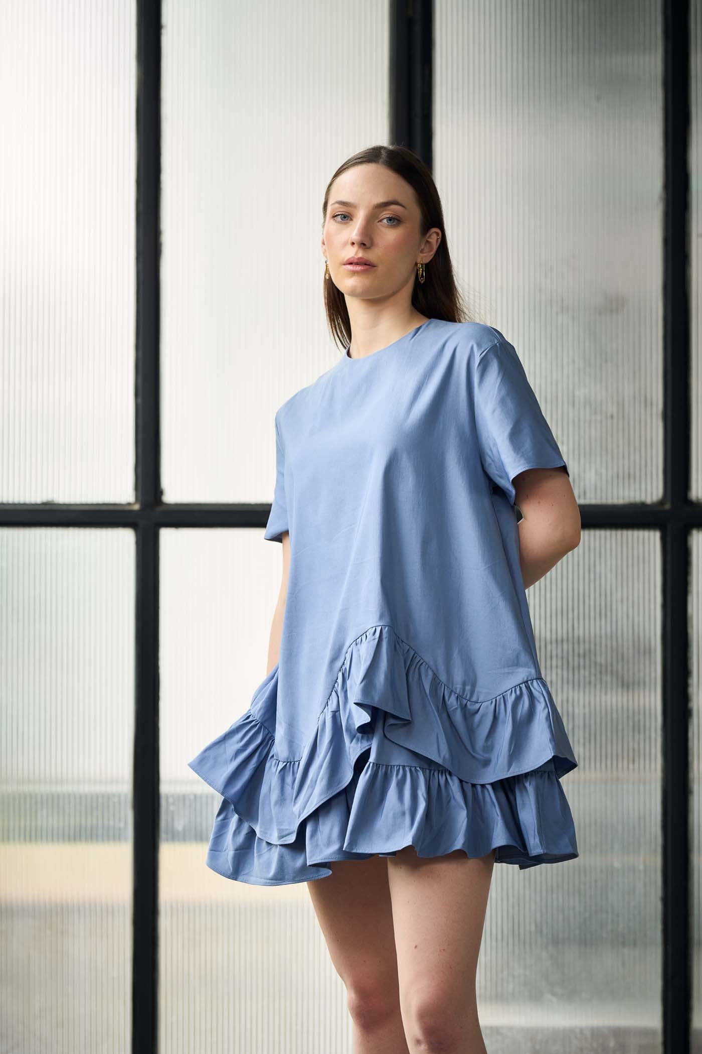 Blue Ruffle tier mini dress