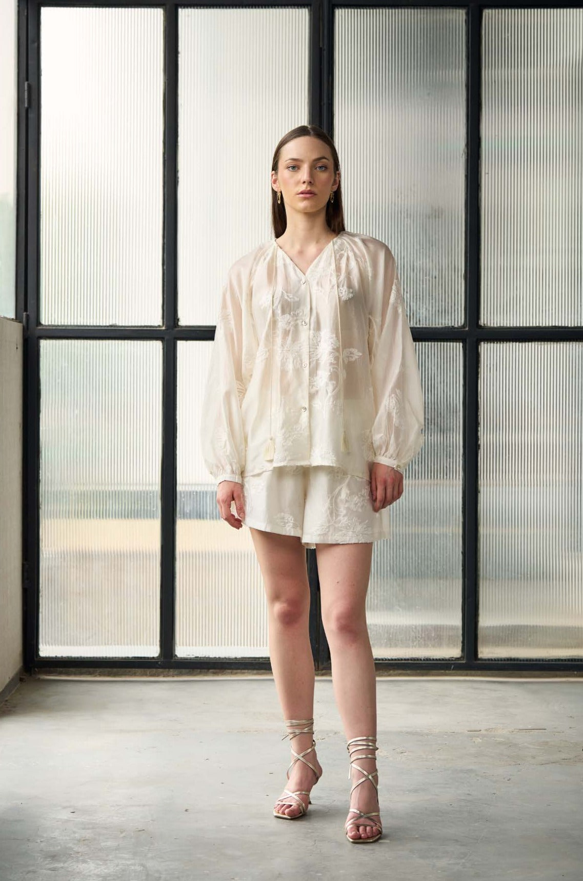 Sheer Flower Embroidered Blouse with Shorts