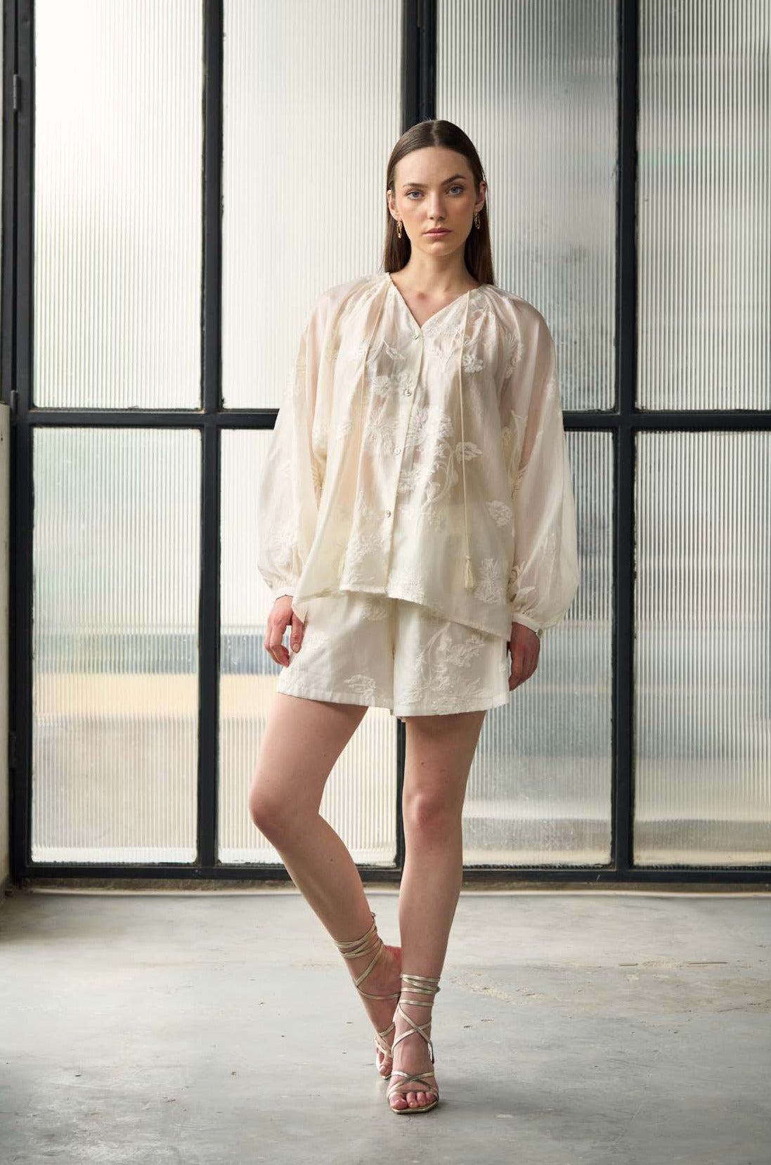 Sheer Flower Embroidered Blouse with Shorts