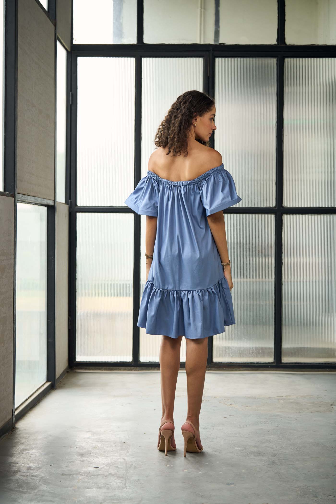 Blue off shoulder asymmetric ruffle mini dress