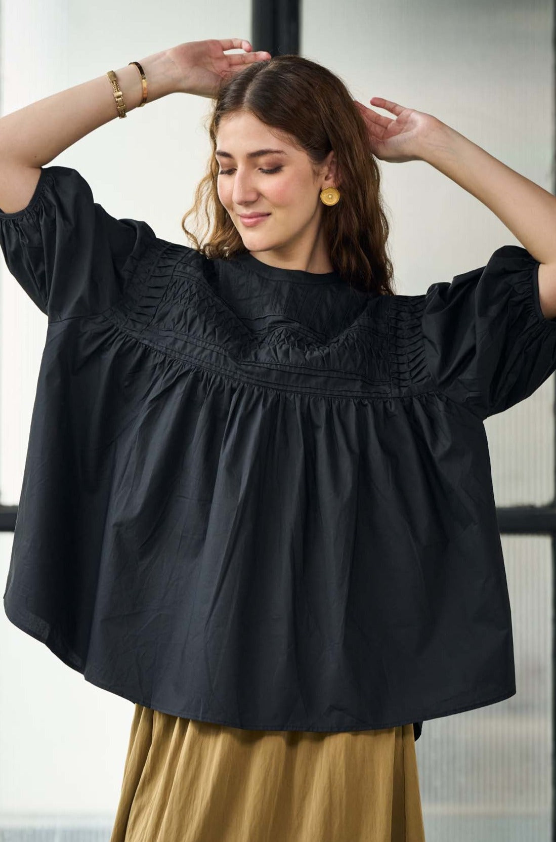 Black Gathered Yoke Blouse