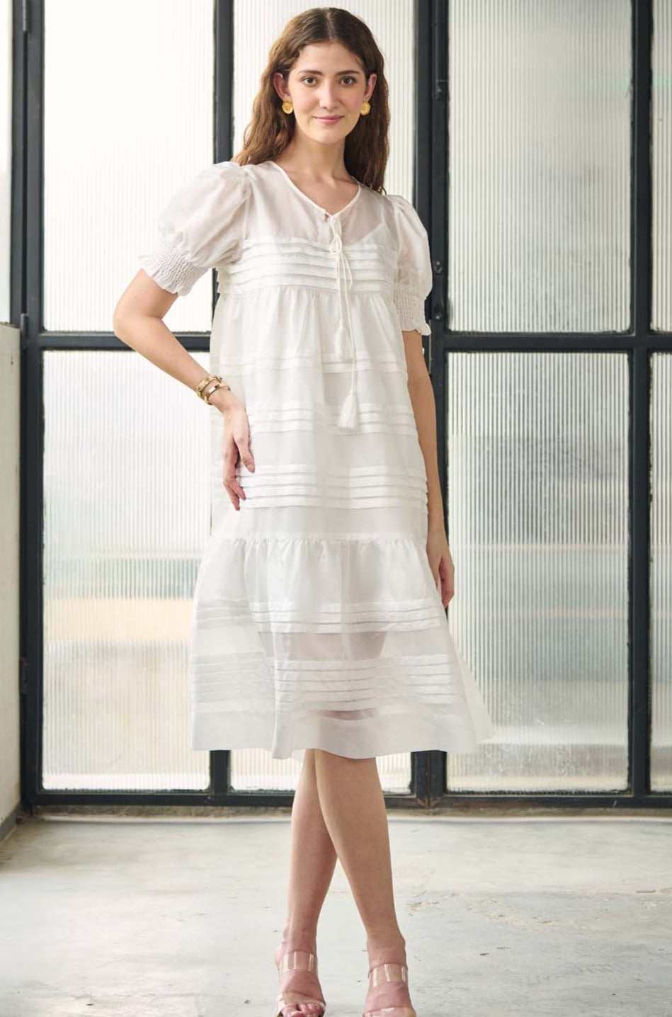 White  Round-Neck Fit & Flare Dress