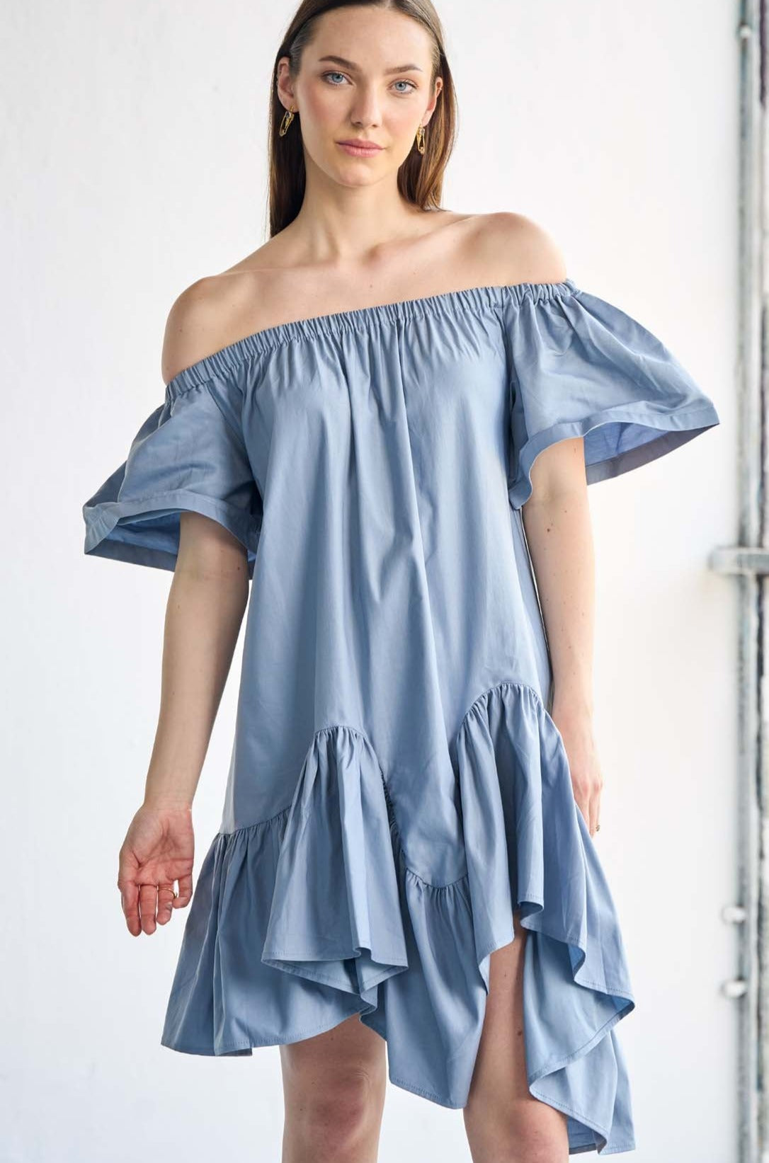 Blue Asymmetry Off-Shoulder Poplin Mini Dress