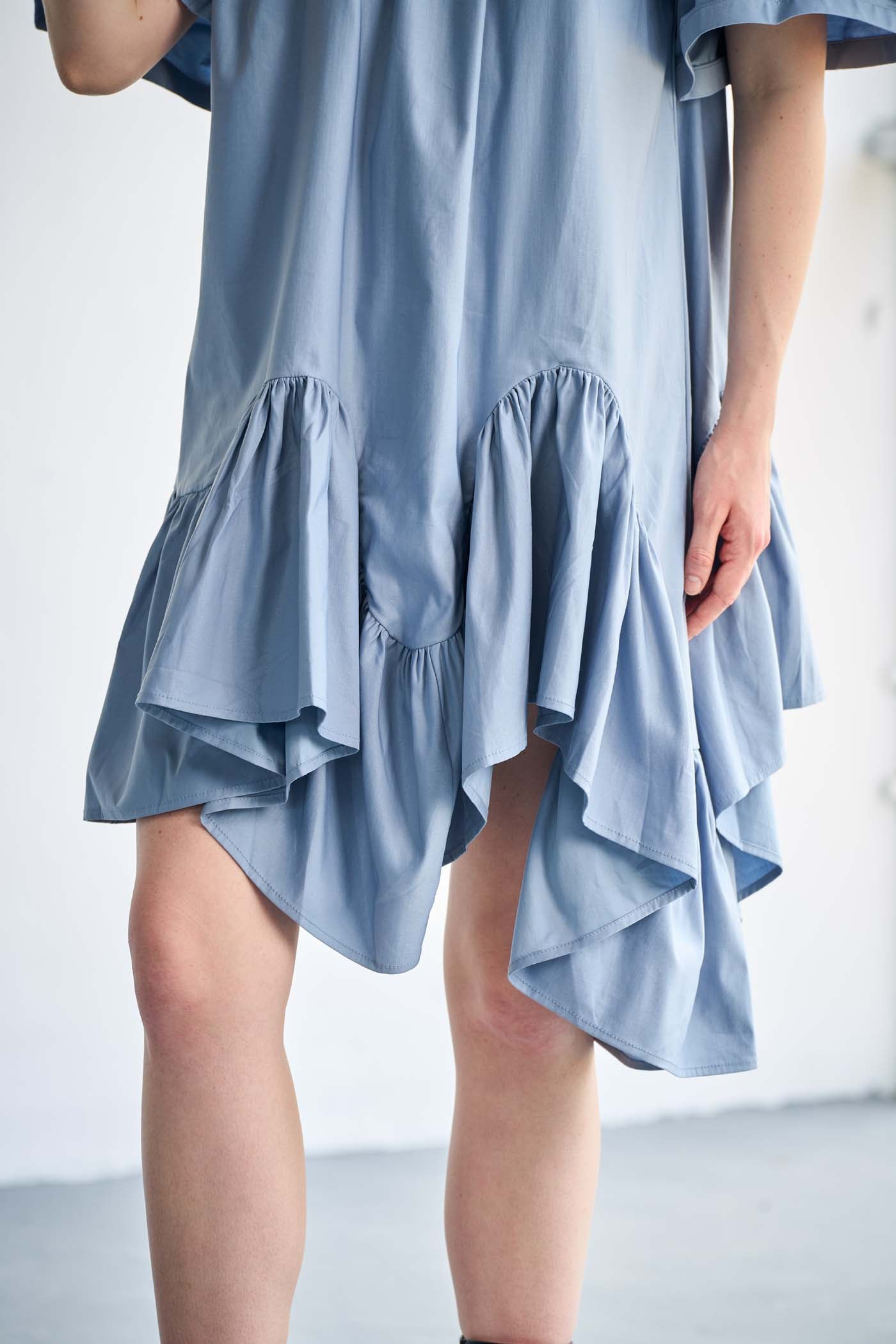 Blue Asymmetry Off-Shoulder Poplin Mini Dress