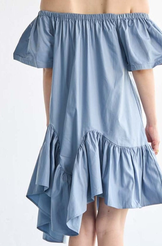 Blue Asymmetry Off-Shoulder Poplin Mini Dress