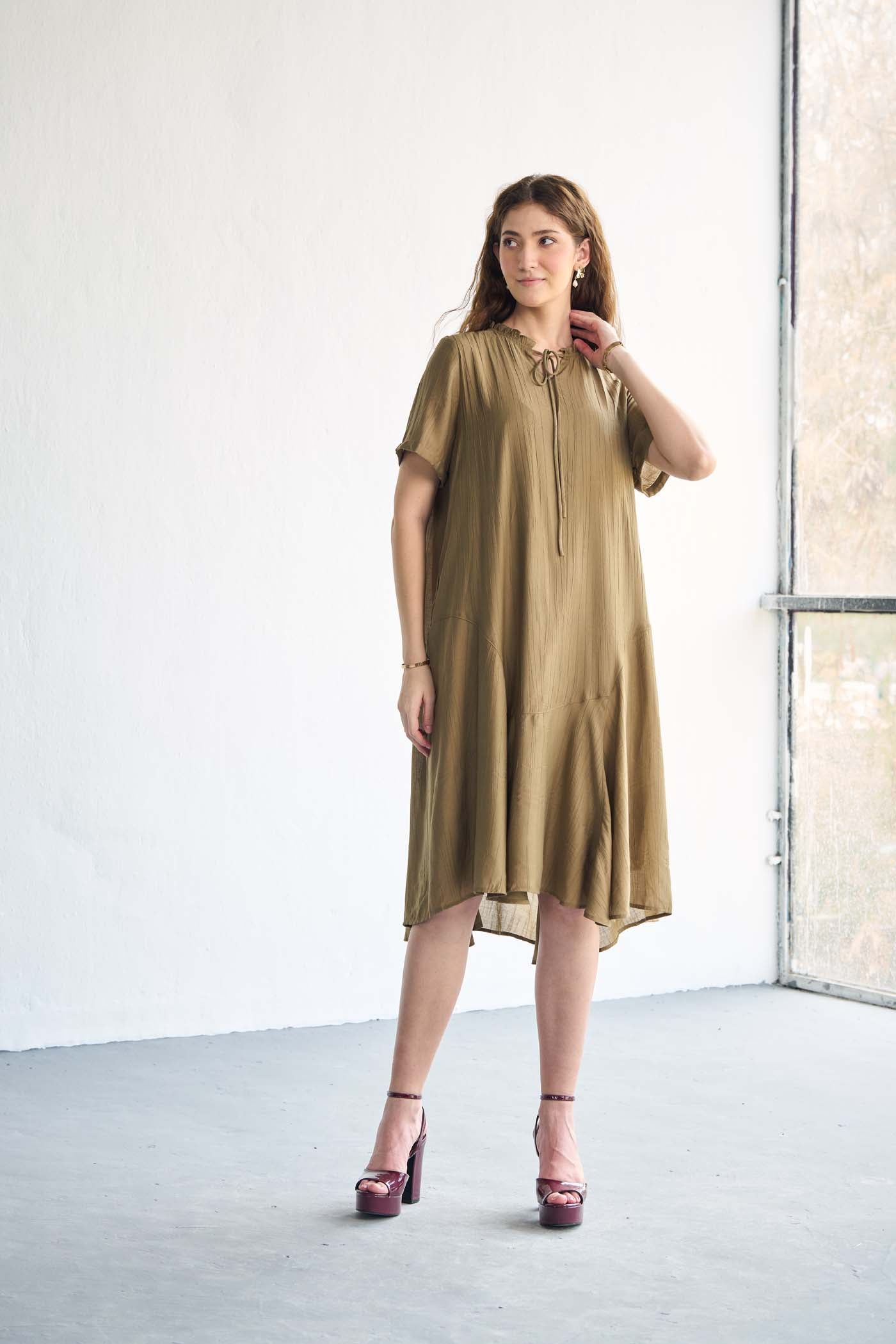 Korean Cotton Satin Olive dress