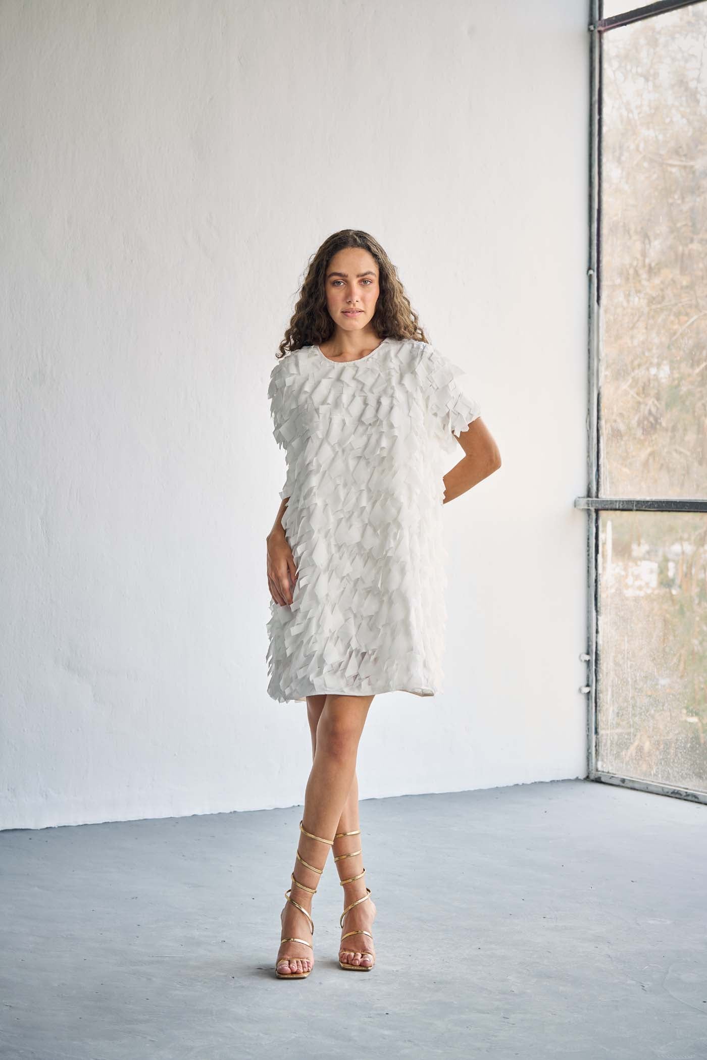 Ruffled textured white mini dress