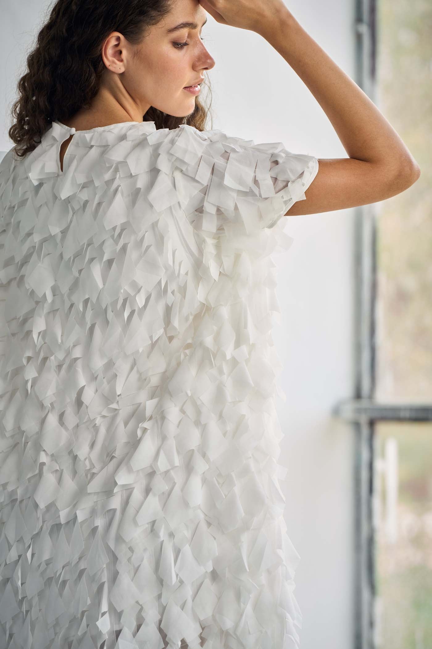 Ruffled textured white mini dress