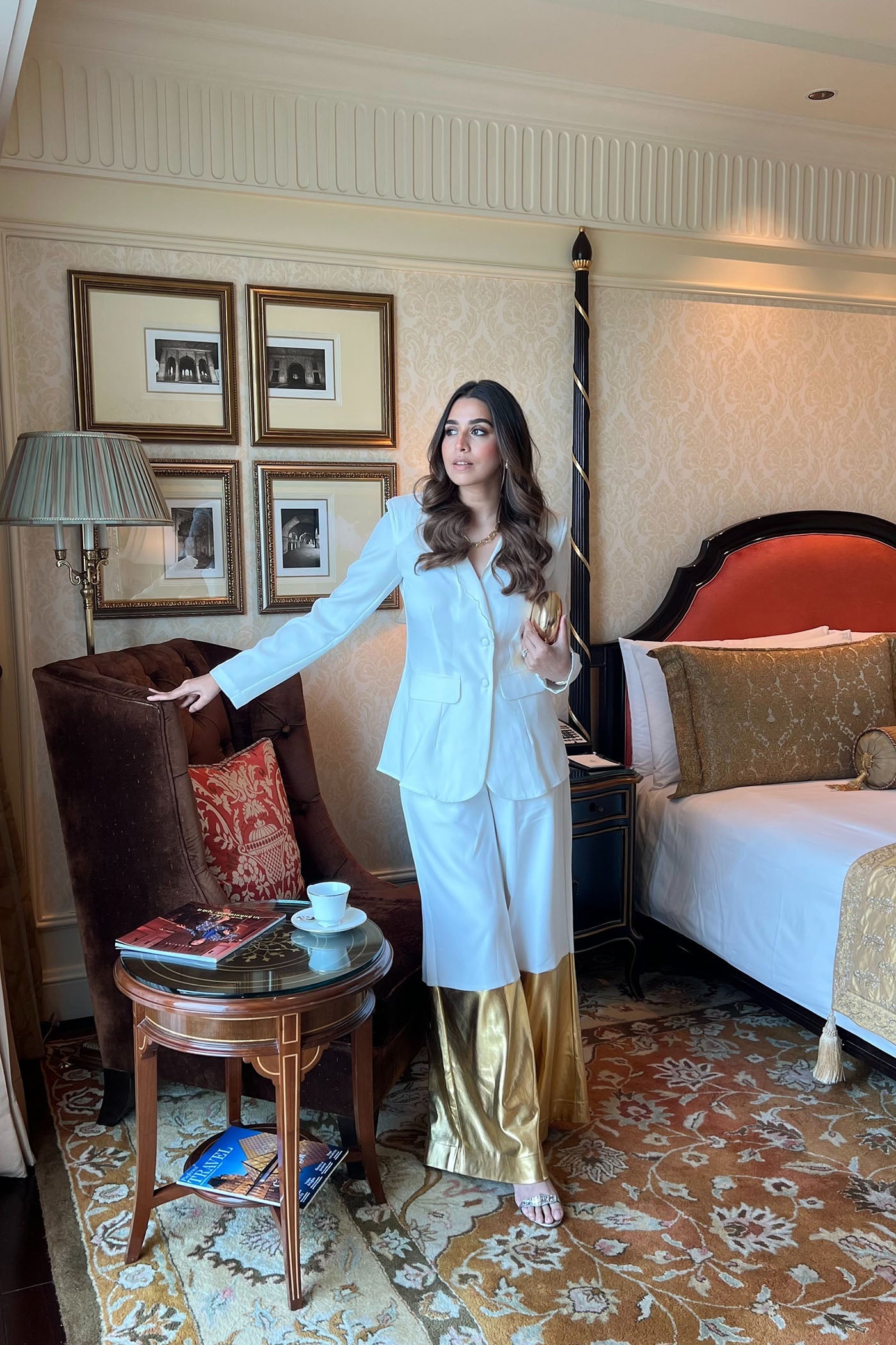 House Of Misu In White Embroidered Blazer With Extra  Wide Leg Pants