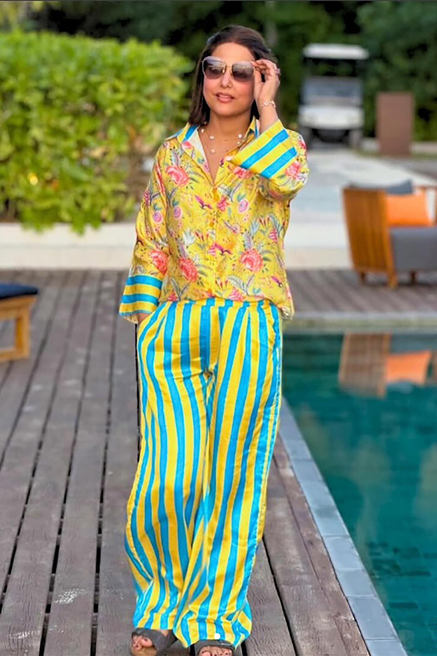 Hina Khan In Yellow Printed Floral Shirt With Stripe Pants