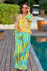 Hina Khan In Yellow Printed Floral Shirt With Stripe Pants